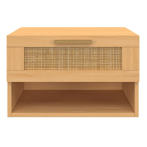 ID MARKET - Lot de 2 tables de chevet murales ROBERT 1 tiroir avec niche effet naturel cannage et bois - large