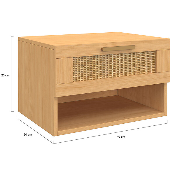 ID MARKET - Lot de 2 tables de chevet murales ROBERT 1 tiroir avec niche effet naturel cannage et bois - large