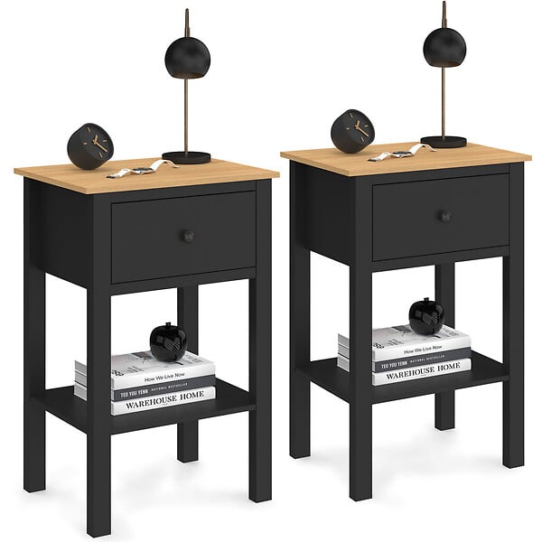 ID MARKET - Lot de 2 tables de chevet ACHILLE 1 tiroir et 1 tablette noir et bois - large