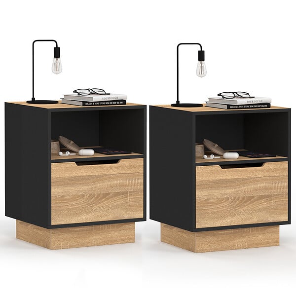 ID MARKET - Lot de 2 tables de chevet OXANA 1 tiroir avec niche façon hêtre et noir - large