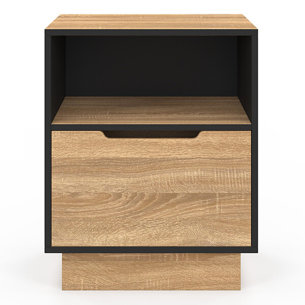 ID MARKET - Lot de 2 tables de chevet OXANA 1 tiroir avec niche façon hêtre et noir - large