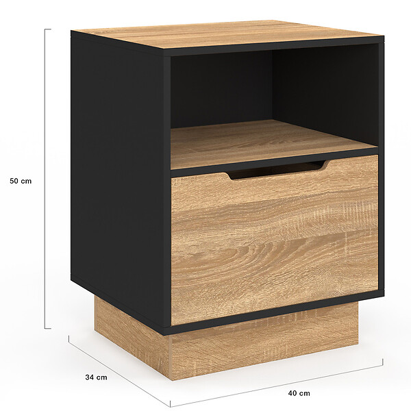 ID MARKET - Lot de 2 tables de chevet OXANA 1 tiroir avec niche façon hêtre et noir - large