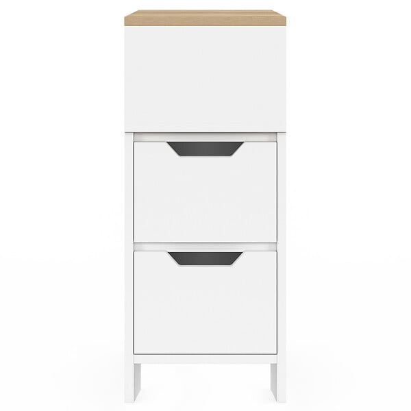 ID MARKET - Lot de 2 tables de chevet étroites ANOUK 2 tiroirs avec niche latérale réversible blanc et bois - large