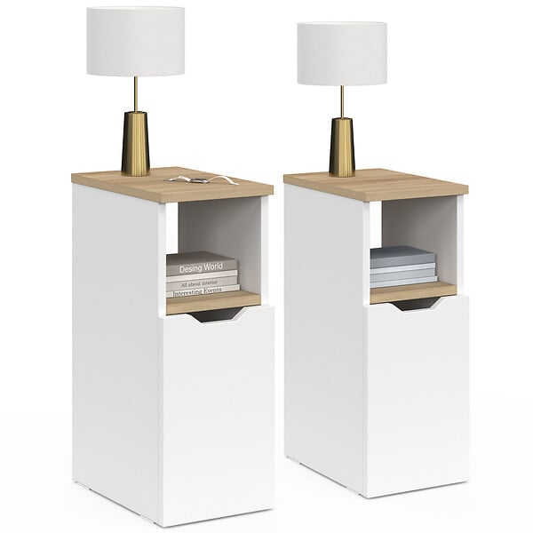 ID MARKET - Lot de 2 tables de chevet étroites ANOUK 1 porte avec niche blanc et bois - large