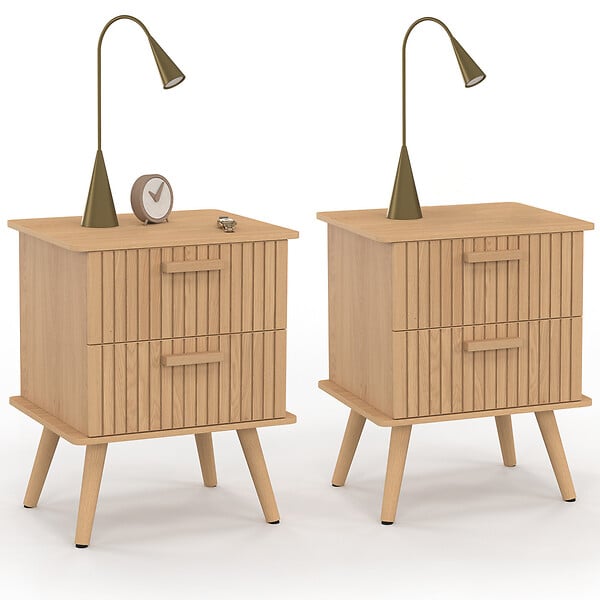 ID MARKET - Lot de 2 tables de chevet JULIETTE 2 tiroirs effet lattes tasseau bois - large