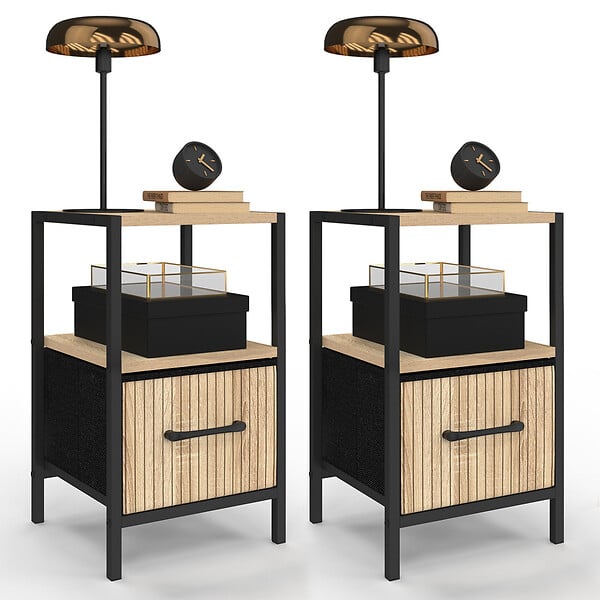 ID MARKET - Lot de 2 tables de chevet UTAH 1 tiroir et 1 niche effet lattes - large