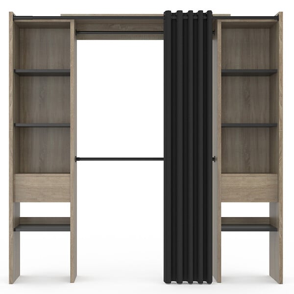 ID MARKET - Dressing extensible double MERYL 120/180 x 50 x 180 cm hêtre avec étagères hêtre + double penderie + rideau noir - large