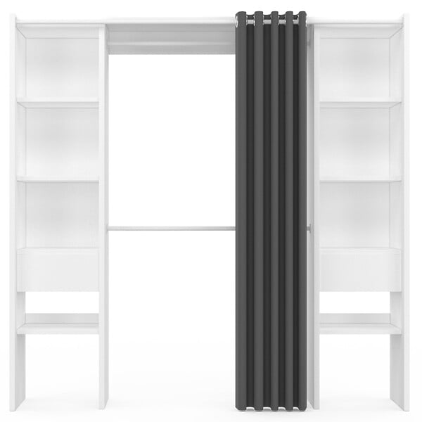 ID MARKET - Dressing extensible double MERYL 120/180 x 50 x 180 cm blanc avec étagères + double penderie + rideau gris - large