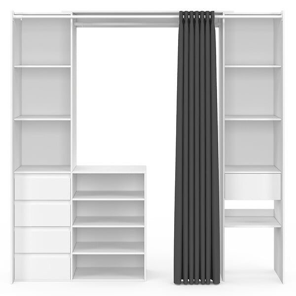 ID MARKET - Dressing extensible double XXL MERYL 120/180 cm blanc avec tiroirs + étagères + penderie + rideau gris - large