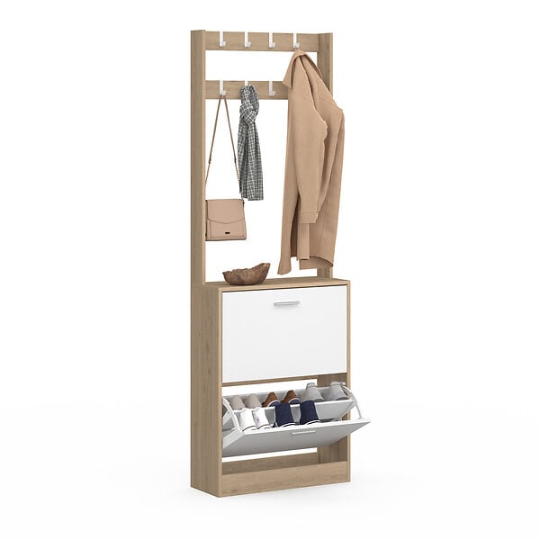 ID MARKET - Vestiaire d'entrée KLARK meuble chaussures 2 portes effet bois et blanc - large