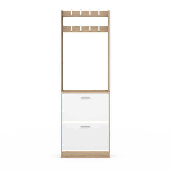 ID MARKET - Vestiaire d'entrée KLARK meuble chaussures 2 portes effet bois et blanc - large