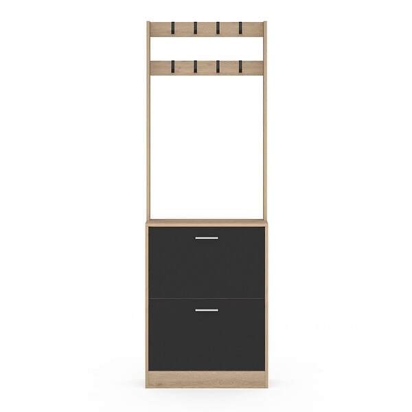 ID MARKET - Vestiaire d'entrée KLARK meuble chaussures 2 portes effet bois et noir - large