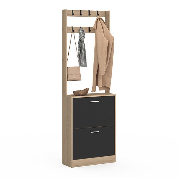 ID MARKET - Vestiaire d'entrée KLARK meuble chaussures 2 portes effet bois et noir - large