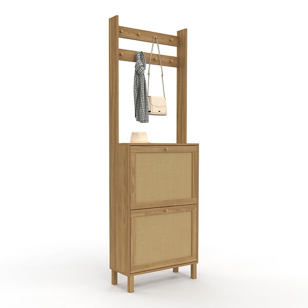 ID MARKET - Vestiaire d'entrée HANAE meuble chaussures 2 portes effet naturel cannage - large