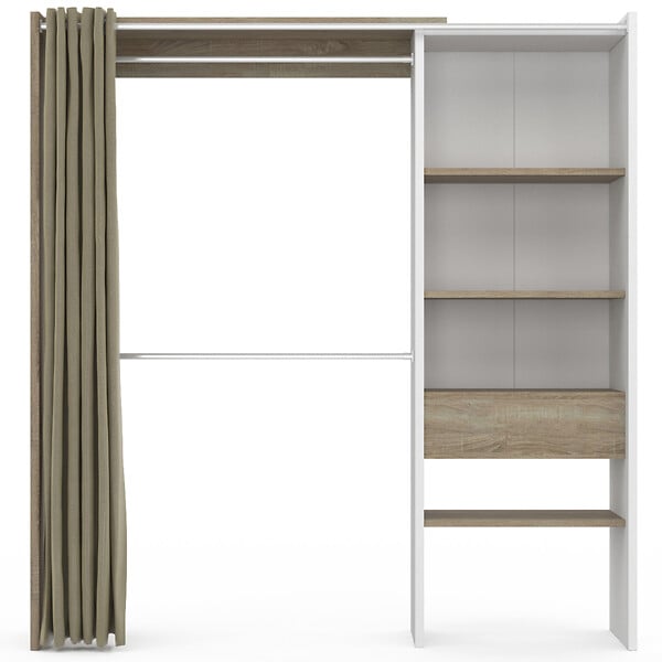 ID MARKET - Dressing extensible MARTY 120/170 x 50 x 180 cm blanc avec étagères hêtre + double penderie + rideau taupe - large
