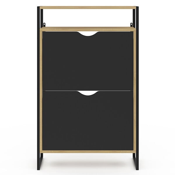 ID MARKET - Meuble à chaussures 12 paires BOSTON 2 portes noires avec étagère supérieure design industriel - large