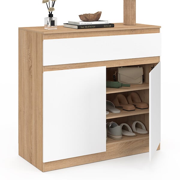 ID MARKET - Armoire à chaussures 12 paires TOMI 2 portes et 1 tiroir façon hêtre et blanc - large