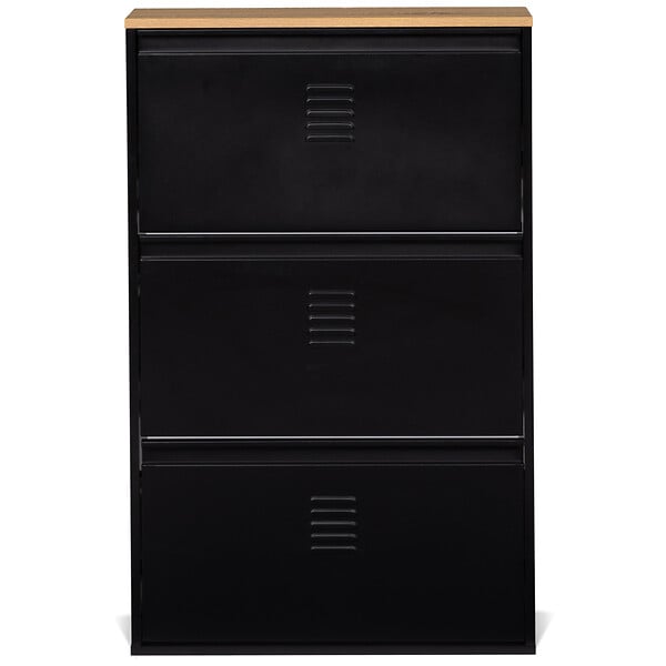 ID MARKET - Meuble à chaussures 9 paires ESTER 3 portes métal noir et plateau façon hêtre design industriel - large