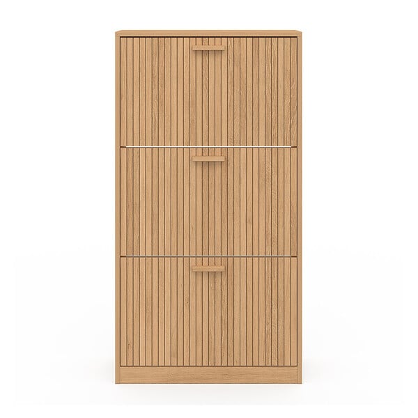 ID MARKET - Meuble à chaussures 18 paires JULIETTE 3 portes lattes tasseau bois coloris chêne - large