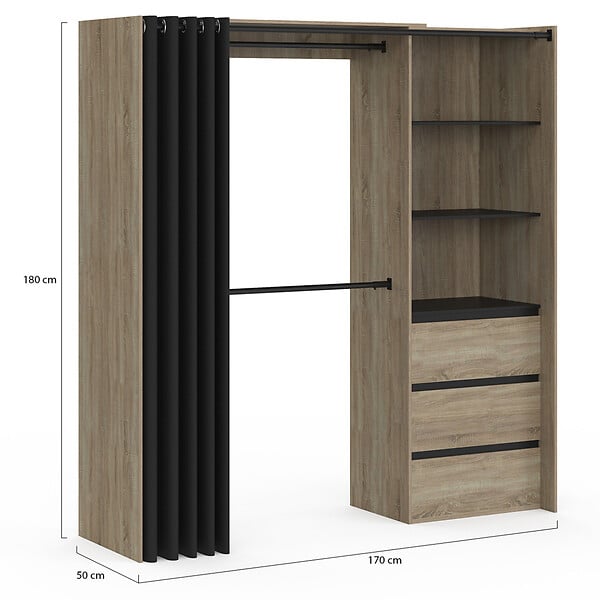 ID MARKET - Dressing extensible MARTY 120/170 x 50 x 180 cm hêtre avec 3 tiroirs + étagères + double penderie + rideau noir - large