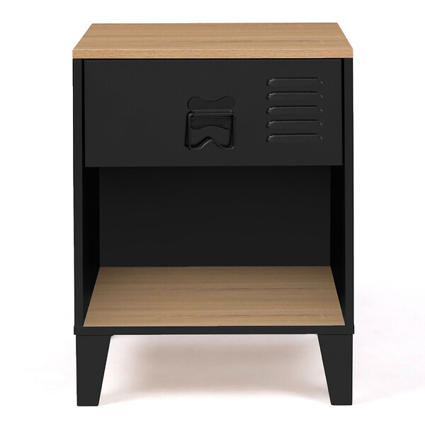 ID MARKET - Lot de 2 tables de chevet ESTER 1 tiroir métal noir avec niche et plateau façon hêtre design industriel - large