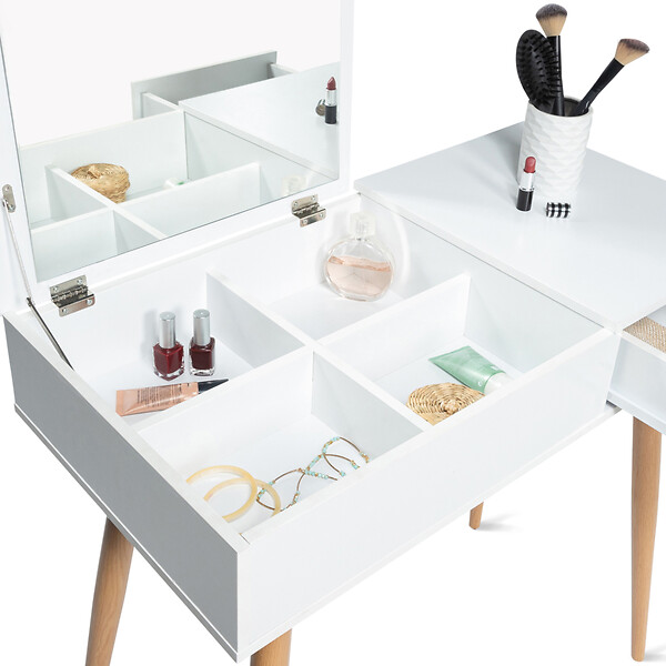 ID MARKET - Coiffeuse scandinave LISA miroir rabattable blanche - large