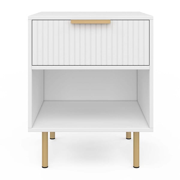 ID MARKET - Lot de 2 tables de chevet MARCEL 1 tiroir avec niche effet lattes blanc et doré - large