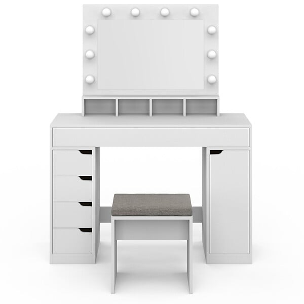 ID MARKET - Coiffeuse ZELIA blanche miroir LED avec 4 niches, 5 tiroirs, 1 caisson de rangement et tabouret rembourré - large