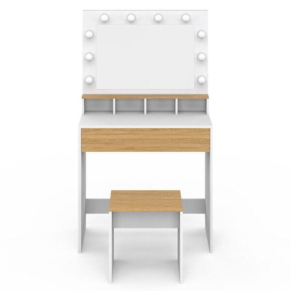 ID MARKET - Coiffeuse ZELIA blanc et hêtre miroir LED avec 4 niches, 1 tiroir et tabouret - large