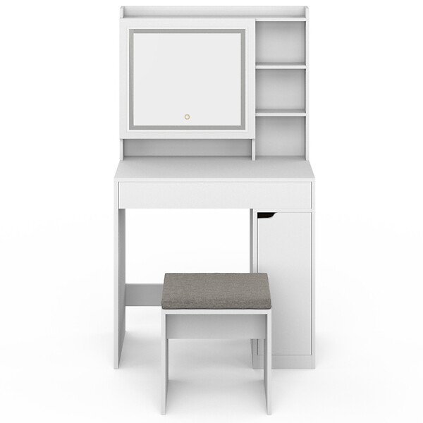 ID MARKET - Coiffeuse ZELIA blanche miroir LED avec rangement, 1 tiroir, 1 caisson de rangement et tabouret rembourré - large