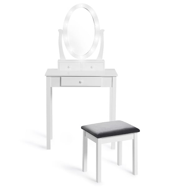 ID MARKET - Coiffeuse BELLA avec miroir LED et tabouret - large