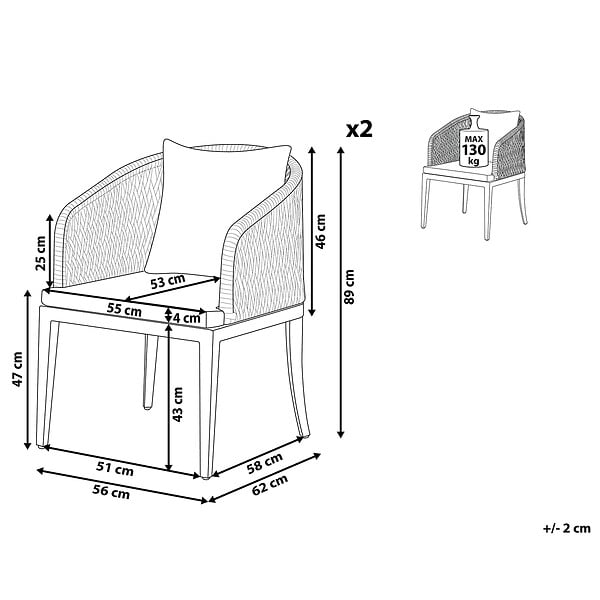 BELIANI - Lot de 2 chaises de jardin avec coussins LIPARI Métal Gris - large