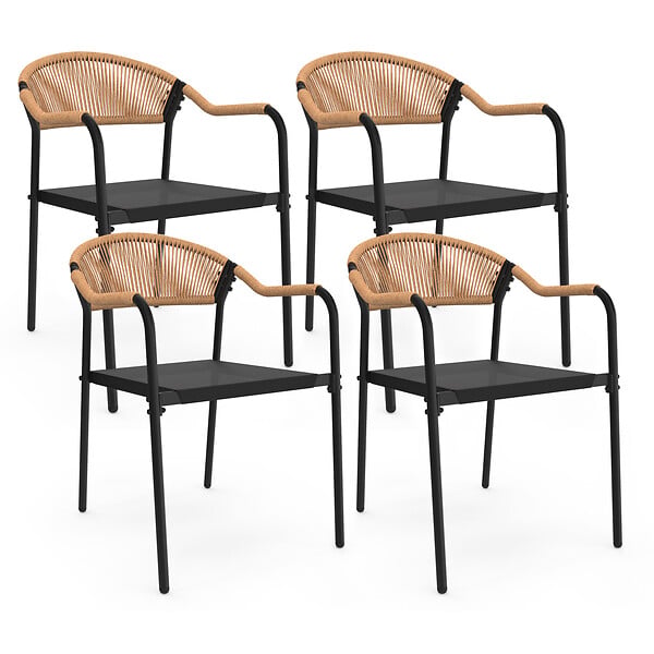 ID MARKET - Lot de 4 chaises de jardin MADEIRA métal, cordage et textilène noir et rotin clair - large