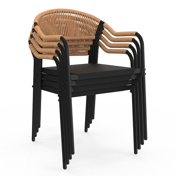ID MARKET - Lot de 4 chaises de jardin MADEIRA métal, cordage et textilène noir et rotin clair - large