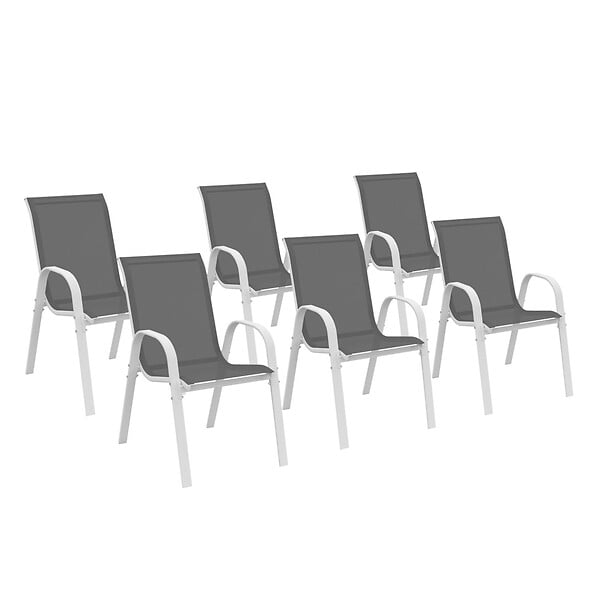ID MARKET - Lot de 6 chaises de jardin LYMA métal et textilène empilables blanc et gris - large