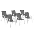ID MARKET - Lot de 6 chaises de jardin LYMA métal et textilène empilables blanc et gris - vignette