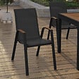 ID MARKET - Lot de 4 chaises de jardin NOUMEA métal et textilène empilables noir et bois - vignette
