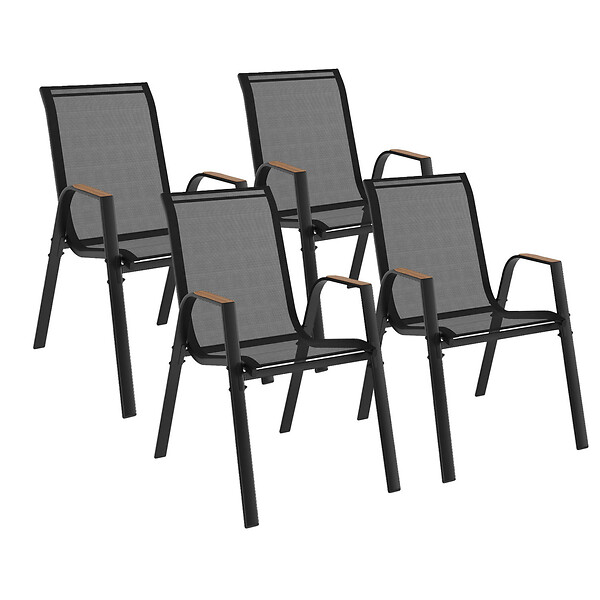 ID MARKET - Lot de 4 chaises de jardin NOUMEA métal et textilène empilables noir et bois - large
