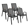 ID MARKET - Lot de 4 chaises de jardin NOUMEA métal et textilène empilables noir et bois - vignette