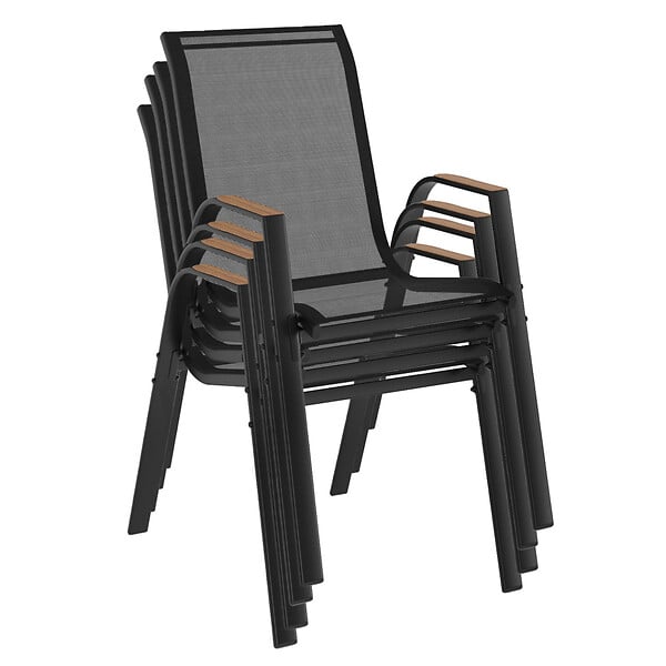 ID MARKET - Lot de 4 chaises de jardin NOUMEA métal et textilène empilables noir et bois - large