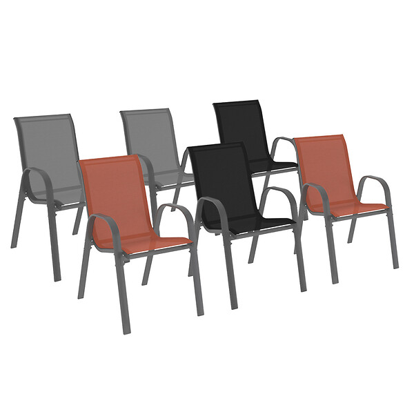 ID MARKET - Lot de 6 chaises de jardin LYMA métal et textilène empilables gris noir et terracotta - large