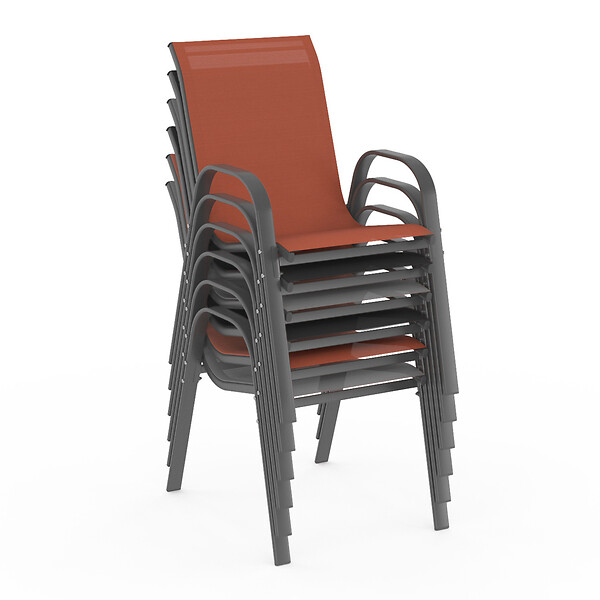 ID MARKET - Lot de 6 chaises de jardin LYMA métal et textilène empilables gris noir et terracotta - large