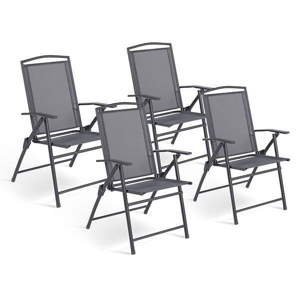ID MARKET - Lot de 4 chaises de jardin pliantes avec accoudoirs ALGHERO métal et textilène gris anthracite - large