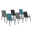 ID MARKET - Lot de 6 chaises de jardin LYMA métal et textilène empilables gris, noir et bleu - vignette
