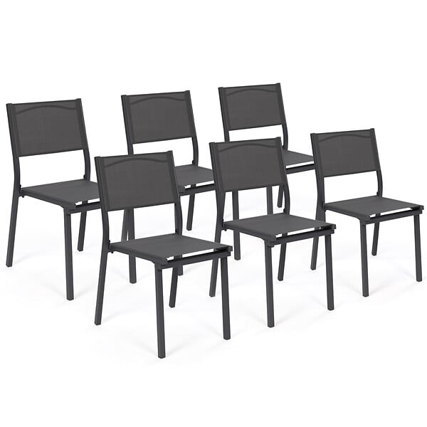 ID MARKET - Lot de 6 chaises de jardin OLBIA métal et textilène empilables gris anthracite - large