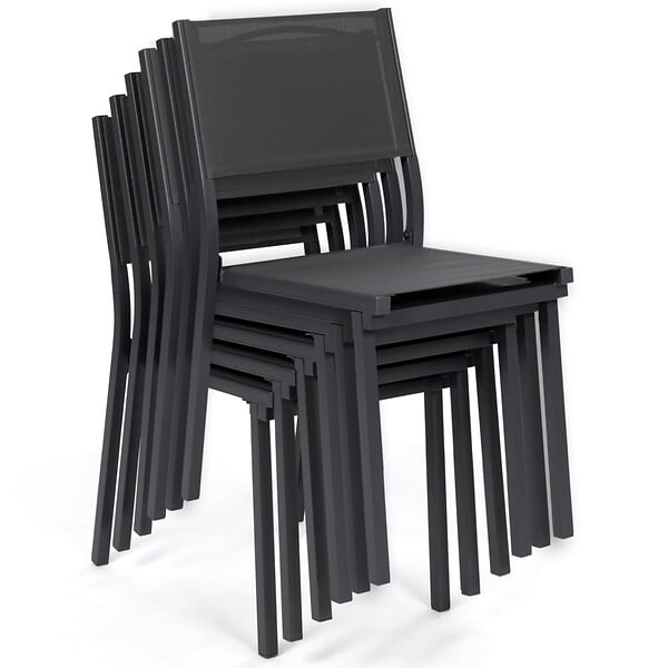 ID MARKET - Lot de 6 chaises de jardin OLBIA métal et textilène empilables gris anthracite - large