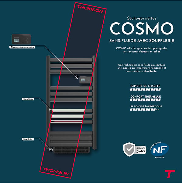 BESTHERM - Sèche-serviette électrique sans fluide avec soufflerie - THOMSON - COSMO 500 + 1000W - Connecté WiFi - noir - NF - large