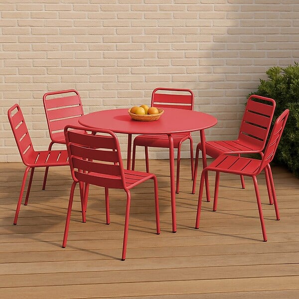 OVIALA - Ensemble table de jardin ronde et 6 chaises en métal rouge - Palavas - large