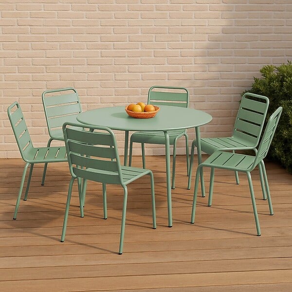 OVIALA - Ensemble table de jardin ronde et 6 chaises en métal vert sauge - Palavas - large