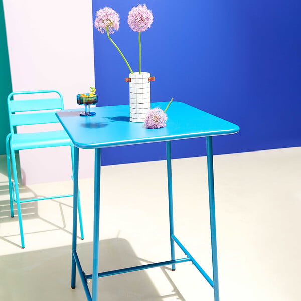 OVIALA - Ensemble table de bar et 2 chaises hautes en métal bleu pacific - Palavas - large